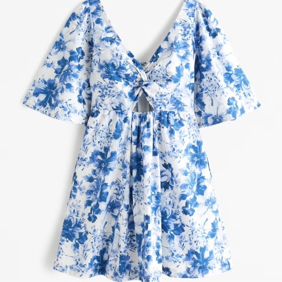 Abercrombie & Fitch Cutout Poplin Floral Mini Dress Blue White Size Medium - Picture 1 of 14